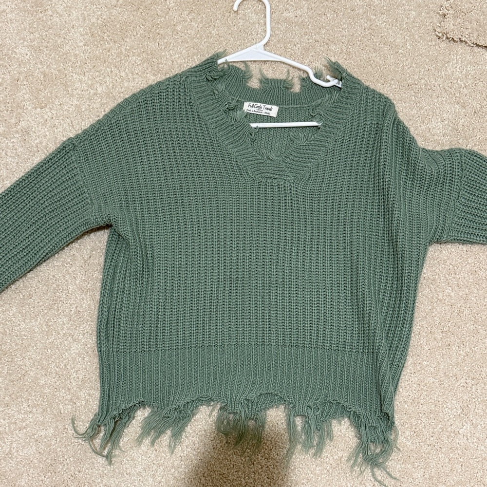 Olive V-Neck Distressed Sweater